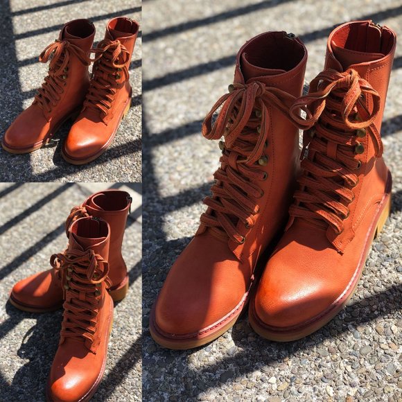 NEW Cognac Orange Laced Up Zipper Back Wooden Heel Mid Calf Ankle Combat… - Picture 13 of 13